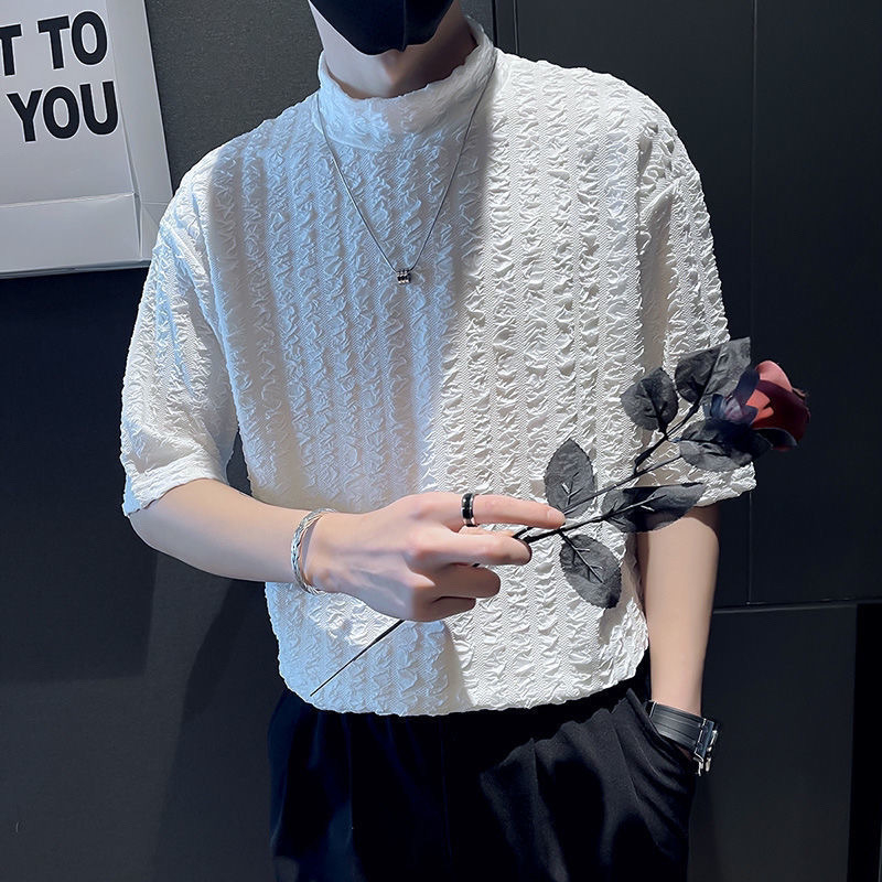 Ανδρικό T‑shirt από ice-silk, με ημι-υψηλό γιακά, κοντό μανίκι, καλοκαιρινό casual στυλ, κομψό αντρικό ρούχο, μοντέλο 2025