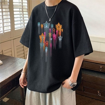 Ανδρικό T‑shirt με υφή βάφλας, κοντό μανίκι, καλοκαιρινό χαλαρό στυλ, έμπνευση Χονγκ Κονγκ, εκτύπωση με αστέρια, χαλαρή γραμμή