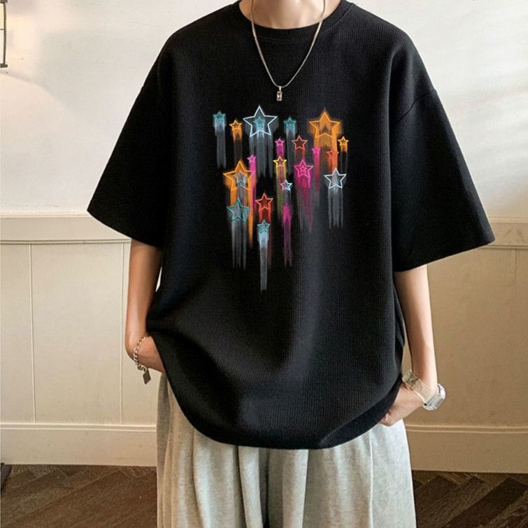 Ανδρικό T‑shirt με υφή βάφλας, κοντό μανίκι, καλοκαιρινό χαλαρό στυλ, έμπνευση Χονγκ Κονγκ, εκτύπωση με αστέρια, χαλαρή γραμμή