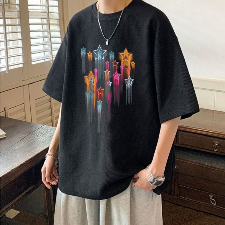 Ανδρικό T‑shirt με υφή βάφλας, κοντό μανίκι, καλοκαιρινό χαλαρό στυλ, έμπνευση Χονγκ Κονγκ, εκτύπωση με αστέρια, χαλαρή γραμμή