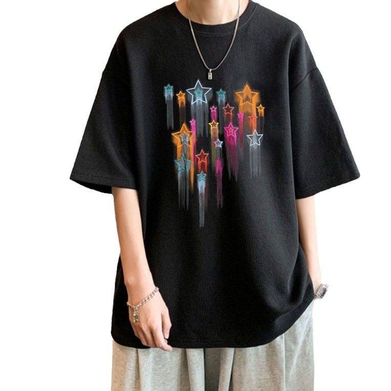 Ανδρικό T‑shirt με υφή βάφλας, κοντό μανίκι, καλοκαιρινό χαλαρό στυλ, έμπνευση Χονγκ Κονγκ, εκτύπωση με αστέρια, χαλαρή γραμμή