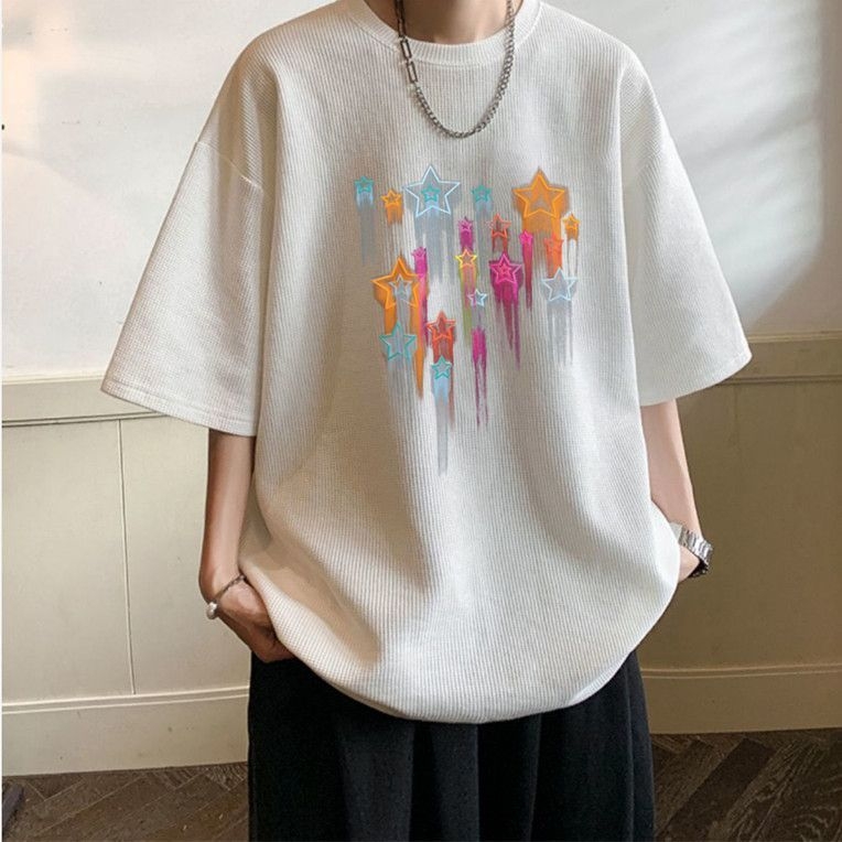 Ανδρικό T‑shirt με υφή βάφλας, κοντό μανίκι, καλοκαιρινό χαλαρό στυλ, έμπνευση Χονγκ Κονγκ, εκτύπωση με αστέρια, χαλαρή γραμμή
