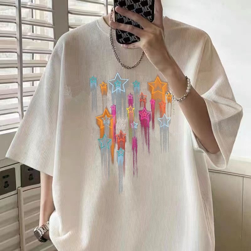Ανδρικό T‑shirt με υφή βάφλας, κοντό μανίκι, καλοκαιρινό χαλαρό στυλ, έμπνευση Χονγκ Κονγκ, εκτύπωση με αστέρια, χαλαρή γραμμή