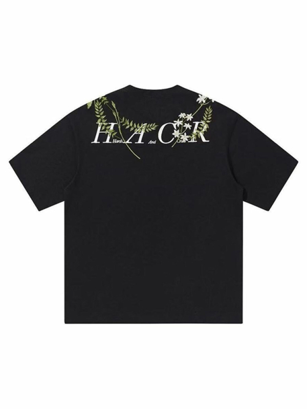 Αντρική T‑shirt με φλοράλ κέντημα σε αμερικανικό street style, καλοκαίρι, κοντά μανίκια, στρογγύλος λαιμός, 100% βαμβάκι.