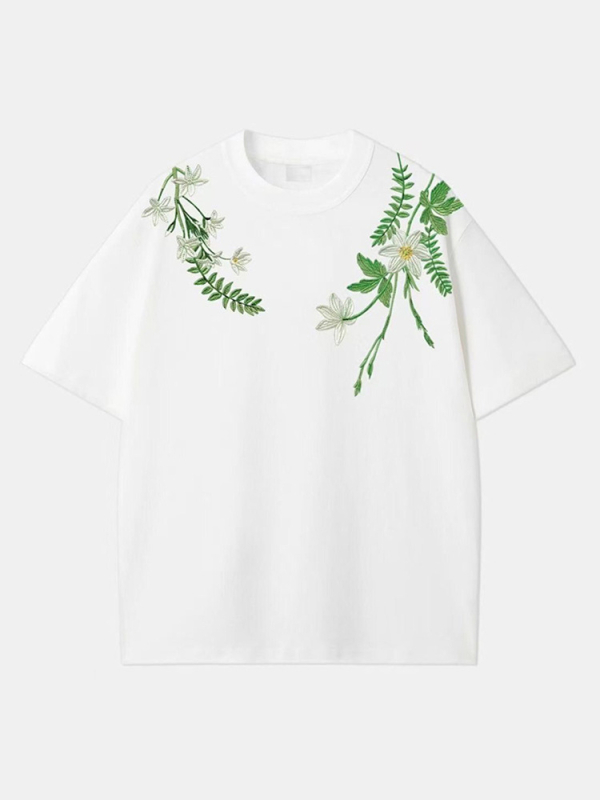 Αντρική T‑shirt με φλοράλ κέντημα σε αμερικανικό street style, καλοκαίρι, κοντά μανίκια, στρογγύλος λαιμός, 100% βαμβάκι.