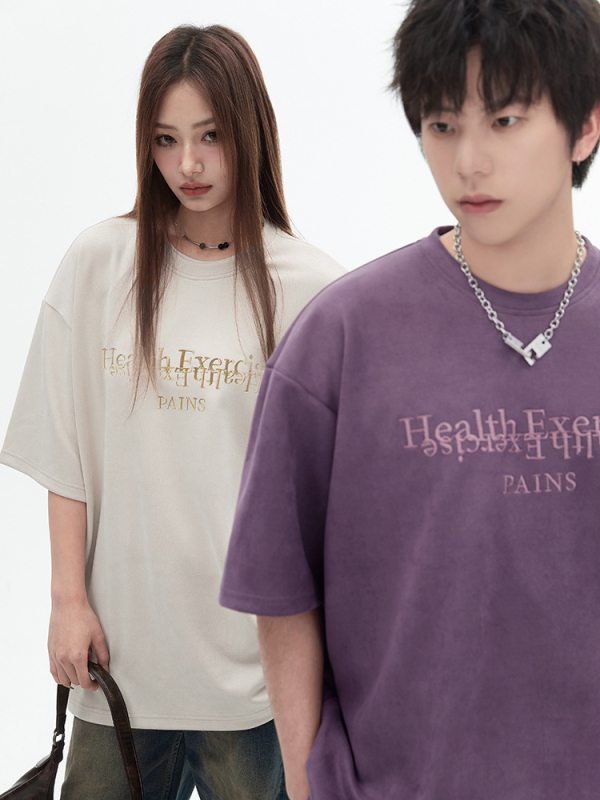 Han Road Unisex Κοντομάνικη T‑shirt με Κέντημα Αμερικανικών Γραμμάτων και Σουέντ Υφή, Χαλαρή Γραμμή, Καλοκαιρινό Casual Στυλ