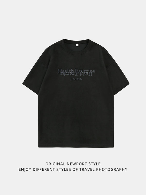 Han Road Unisex Κοντομάνικη T‑shirt με Κέντημα Αμερικανικών Γραμμάτων και Σουέντ Υφή, Χαλαρή Γραμμή, Καλοκαιρινό Casual Στυλ