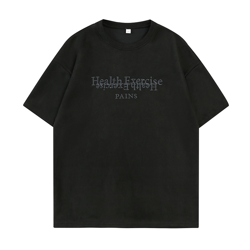 Han Road Unisex Κοντομάνικη T‑shirt με Κέντημα Αμερικανικών Γραμμάτων και Σουέντ Υφή, Χαλαρή Γραμμή, Καλοκαιρινό Casual Στυλ