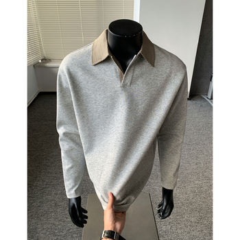 Muška polo majica od pletenog materijala s ovratnikom u uzorku houndstooth, dugi rukav, slim fit, fleece podstava