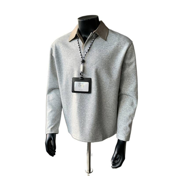 Muška polo majica od pletenog materijala s ovratnikom u uzorku houndstooth, dugi rukav, slim fit, fleece podstava