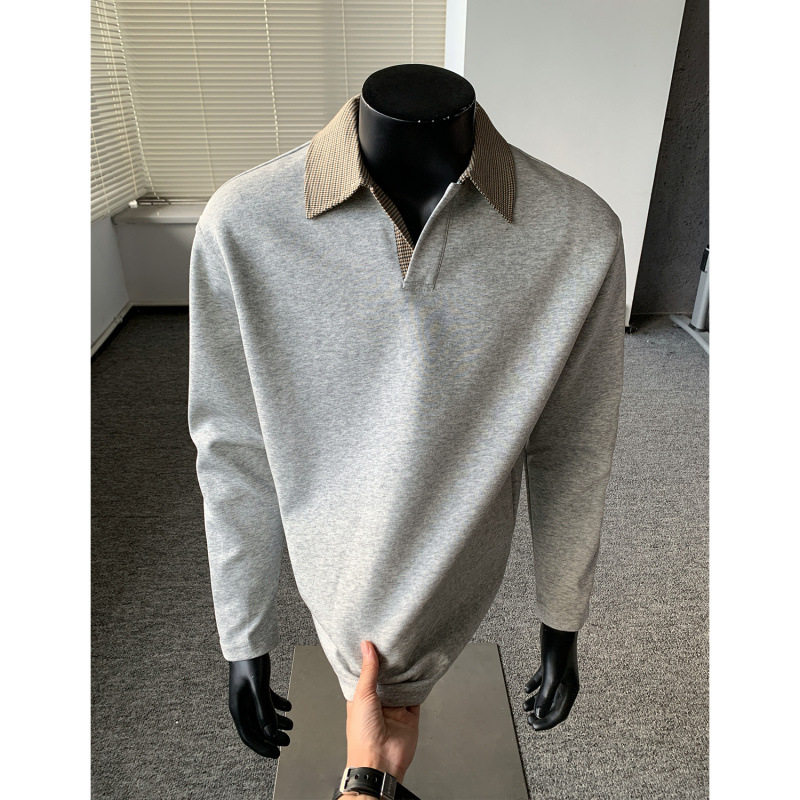 Muška polo majica od pletenog materijala s ovratnikom u uzorku houndstooth, dugi rukav, slim fit, fleece podstava