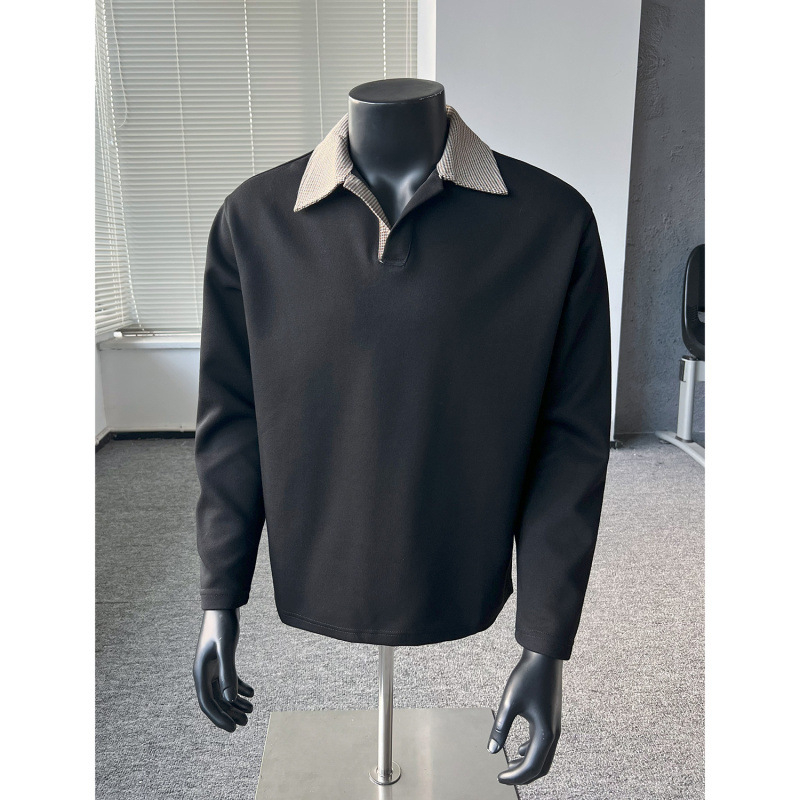 Muška polo majica od pletenog materijala s ovratnikom u uzorku houndstooth, dugi rukav, slim fit, fleece podstava