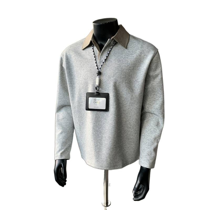 Muška polo majica od pletenog materijala s ovratnikom u uzorku houndstooth, dugi rukav, slim fit, fleece podstava