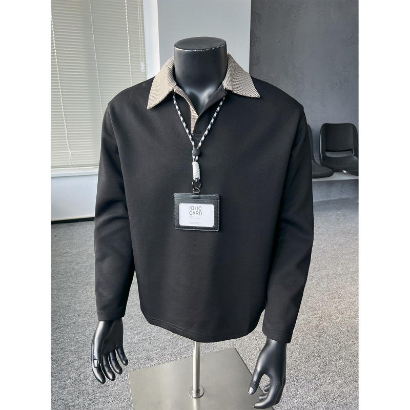Muška polo majica od pletenog materijala s ovratnikom u uzorku houndstooth, dugi rukav, slim fit, fleece podstava