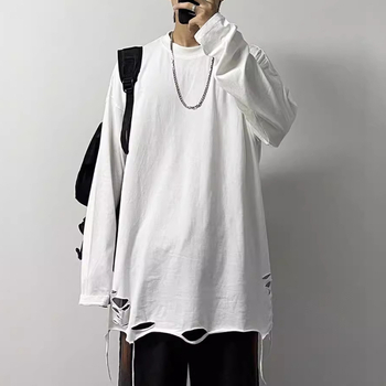 Μονόχρωμο μακρυμάνικο T‑shirt για άνδρες με σκισίματα, χαλαρή εφαρμογή, στυλ χιπ-χοπ, καθημερινό βασικό ρούχο
