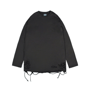 Μονόχρωμο μακρυμάνικο T‑shirt για άνδρες με σκισίματα, χαλαρή εφαρμογή, στυλ χιπ-χοπ, καθημερινό βασικό ρούχο