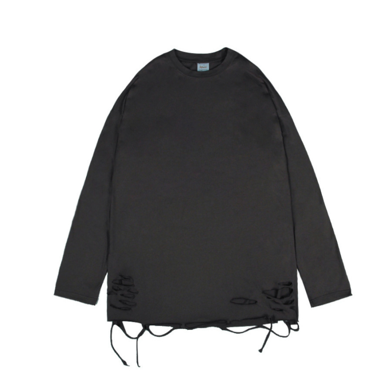 Μονόχρωμο μακρυμάνικο T‑shirt για άνδρες με σκισίματα, χαλαρή εφαρμογή, στυλ χιπ-χοπ, καθημερινό βασικό ρούχο