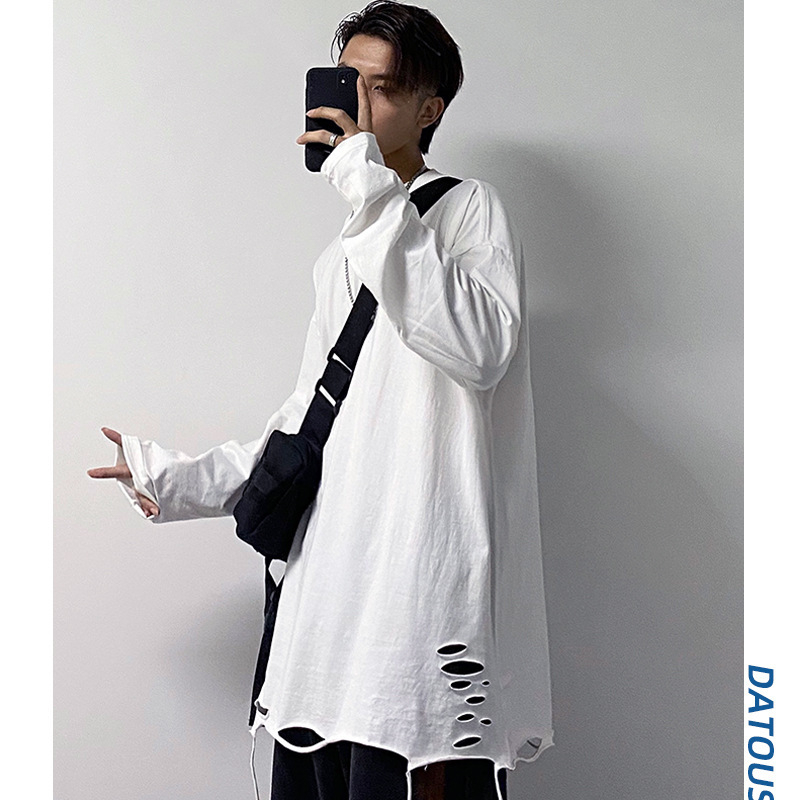 Μονόχρωμο μακρυμάνικο T‑shirt για άνδρες με σκισίματα, χαλαρή εφαρμογή, στυλ χιπ-χοπ, καθημερινό βασικό ρούχο