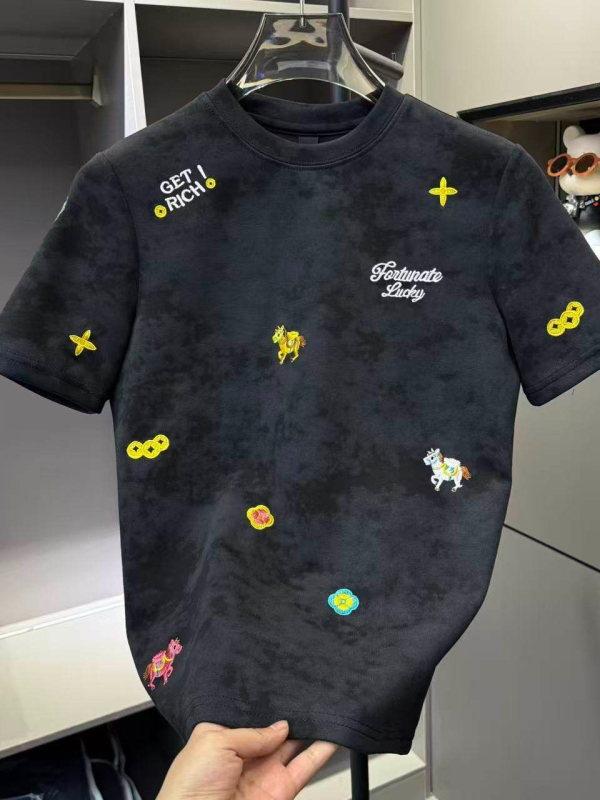2026 Κεντημένο ανδρικό T-shirt με σχέδιο Get Rich, βαρύ ύφασμα, κοντά μανίκια, διακριτή πολυτέλεια, υψηλή ποιότητα, ευέλικτο, στρογγυλός λαιμός