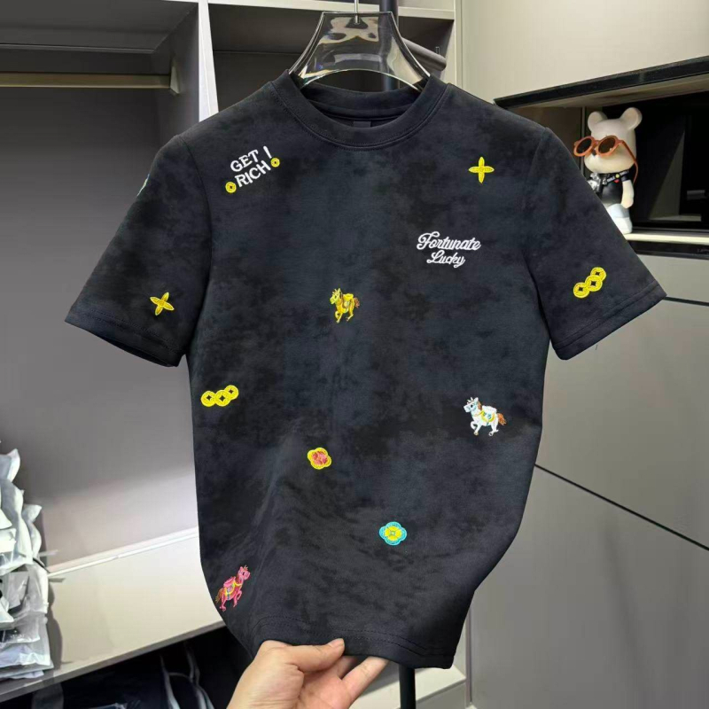 2026 Κεντημένο ανδρικό T-shirt με σχέδιο Get Rich, βαρύ ύφασμα, κοντά μανίκια, διακριτή πολυτέλεια, υψηλή ποιότητα, ευέλικτο, στρογγυλός λαιμός