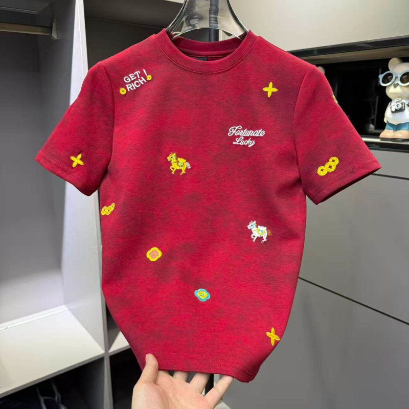 2026 Κεντημένο ανδρικό T-shirt με σχέδιο Get Rich, βαρύ ύφασμα, κοντά μανίκια, διακριτή πολυτέλεια, υψηλή ποιότητα, ευέλικτο, στρογγυλός λαιμός