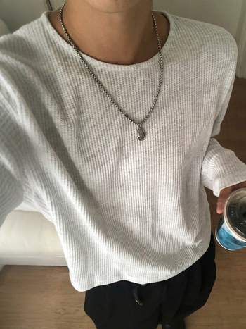 MYQ ανδρικό μακρυμάνικο T‑shirt με βάφελ πλέξη, στρογγυλός λαιμός, χαλαρή γραμμή, άνοιξη-φθινόπωρο, κορεατικό στυλ