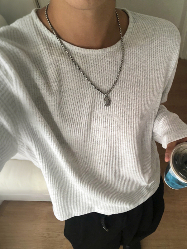 MYQ ανδρικό μακρυμάνικο T‑shirt με βάφελ πλέξη, στρογγυλός λαιμός, χαλαρή γραμμή, άνοιξη-φθινόπωρο, κορεατικό στυλ