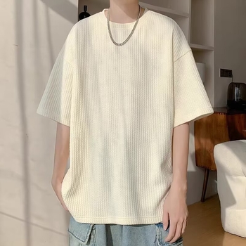 Ανδρικό καλοκαιρινό κοντομάνικο T‑shirt, χαλαρή γραμμή, υφή βάφλ, εμπνευσμένο από το Χονγκ Κονγκ