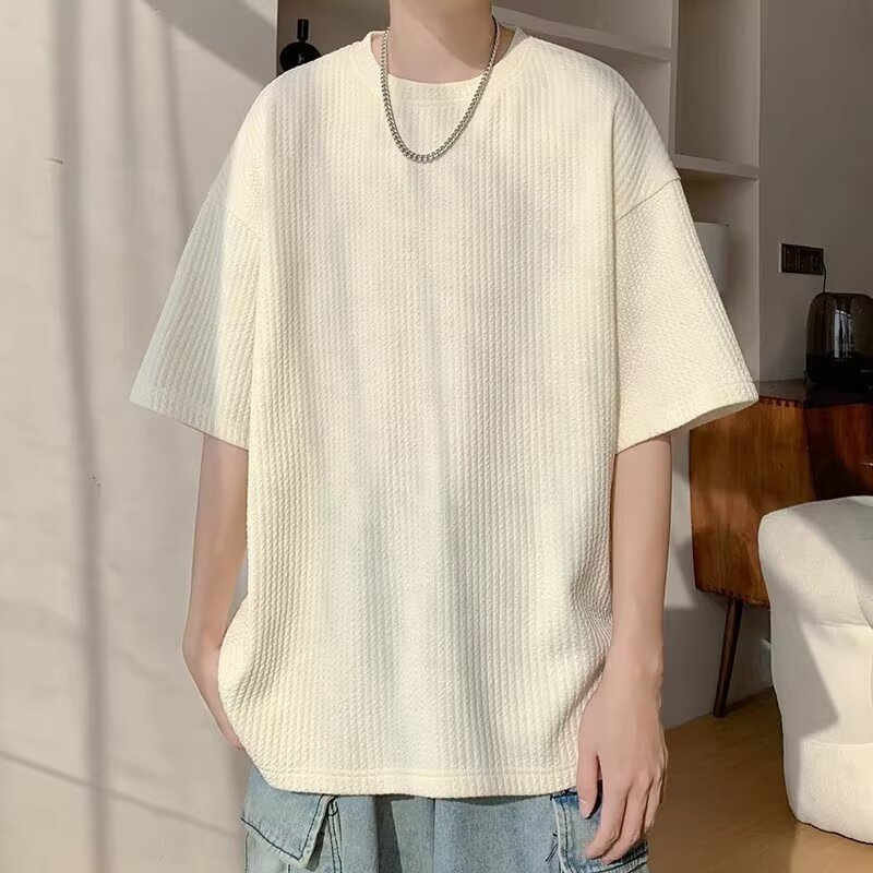 Ανδρικό καλοκαιρινό κοντομάνικο T‑shirt, χαλαρή γραμμή, υφή βάφλ, εμπνευσμένο από το Χονγκ Κονγκ