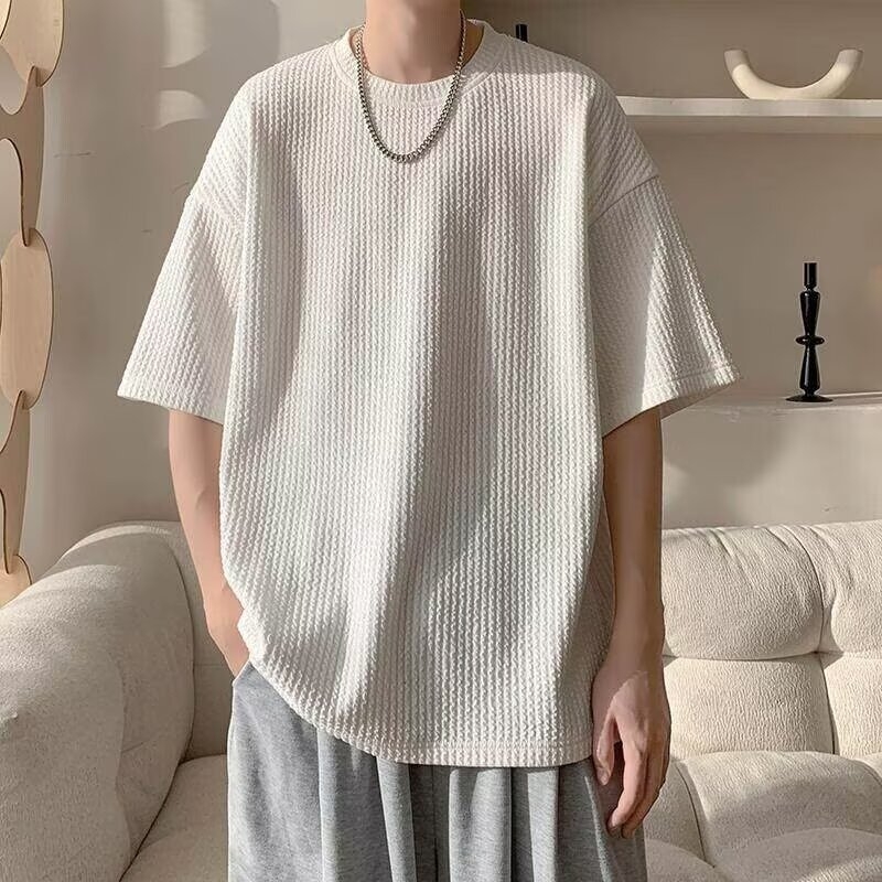 Ανδρικό καλοκαιρινό κοντομάνικο T‑shirt, χαλαρή γραμμή, υφή βάφλ, εμπνευσμένο από το Χονγκ Κονγκ
