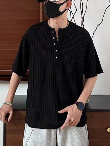Αντρικό T-shirt με λαιμό Henley, κοντά μανίκια, καλοκαιρινή νέα γραμμή, υψηλής ποιότητας, άνετη, διαπνέουσα υφή