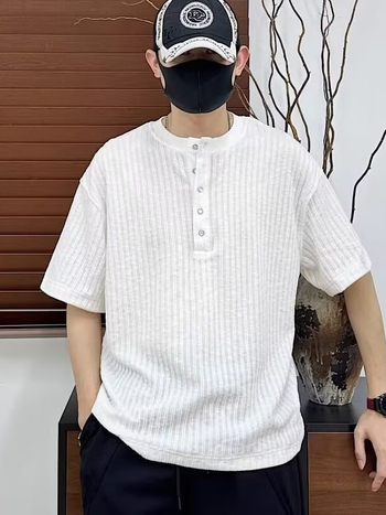 Αντρικό T-shirt με λαιμό Henley, κοντά μανίκια, καλοκαιρινή νέα γραμμή, υψηλής ποιότητας, άνετη, διαπνέουσα υφή