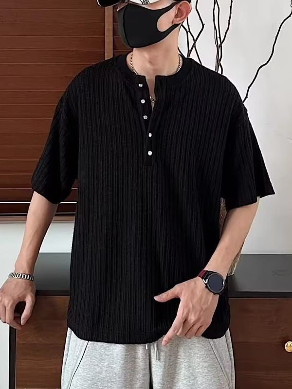 Αντρικό T-shirt με λαιμό Henley, κοντά μανίκια, καλοκαιρινή νέα γραμμή, υψηλής ποιότητας, άνετη, διαπνέουσα υφή