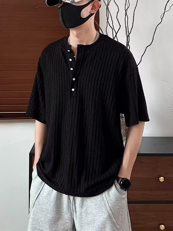 Αντρικό T-shirt με λαιμό Henley, κοντά μανίκια, καλοκαιρινή νέα γραμμή, υψηλής ποιότητας, άνετη, διαπνέουσα υφή