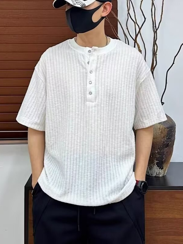 Αντρικό T-shirt με λαιμό Henley, κοντά μανίκια, καλοκαιρινή νέα γραμμή, υψηλής ποιότητας, άνετη, διαπνέουσα υφή