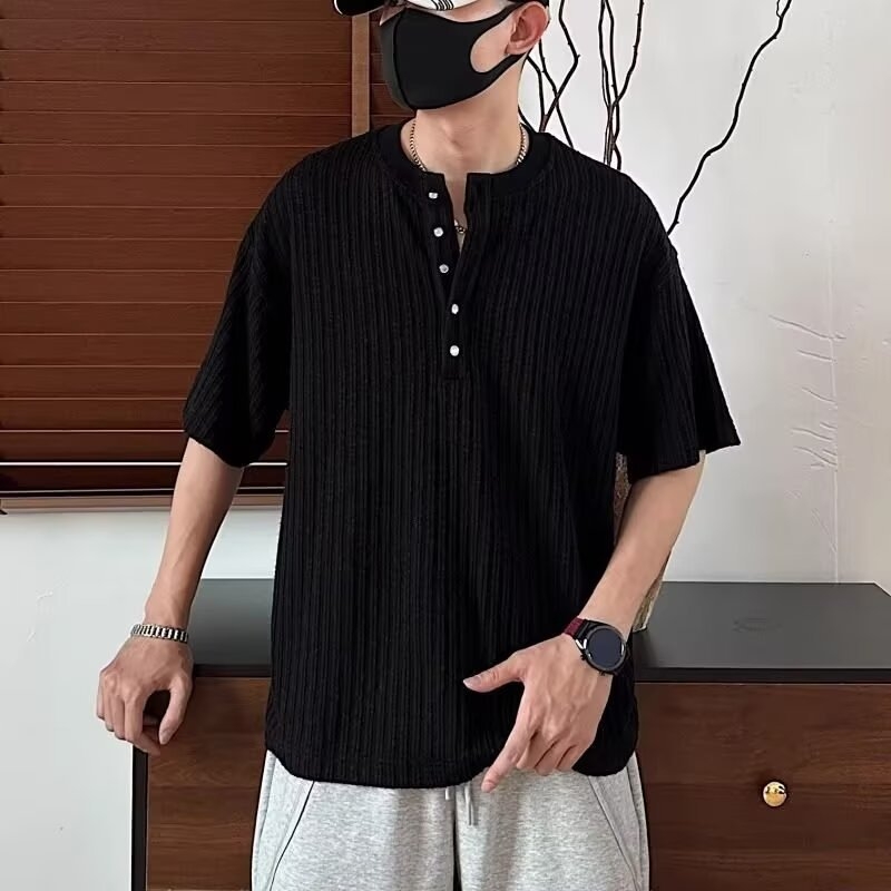 Αντρικό T-shirt με λαιμό Henley, κοντά μανίκια, καλοκαιρινή νέα γραμμή, υψηλής ποιότητας, άνετη, διαπνέουσα υφή