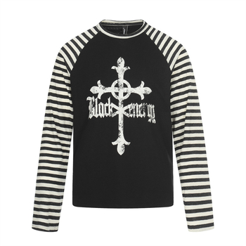 Ανδρικό μακρυμάνικο T‑shirt με σχέδιο σταυρός, σκούρο street style, ριγέ με χρωματικό block, ράγκλαν μανίκια, στρογγυλό λαιμό, άνοιξη–φθινόπωρο
