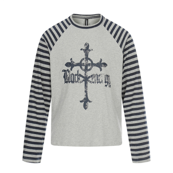Ανδρικό μακρυμάνικο T‑shirt με σχέδιο σταυρός, σκούρο street style, ριγέ με χρωματικό block, ράγκλαν μανίκια, στρογγυλό λαιμό, άνοιξη–φθινόπωρο