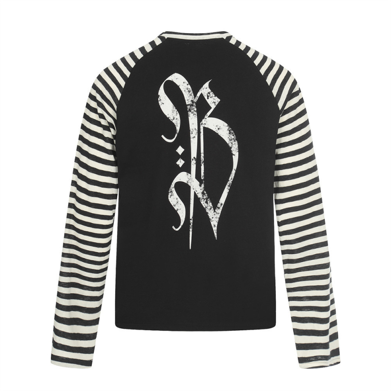 Ανδρικό μακρυμάνικο T‑shirt με σχέδιο σταυρός, σκούρο street style, ριγέ με χρωματικό block, ράγκλαν μανίκια, στρογγυλό λαιμό, άνοιξη–φθινόπωρο