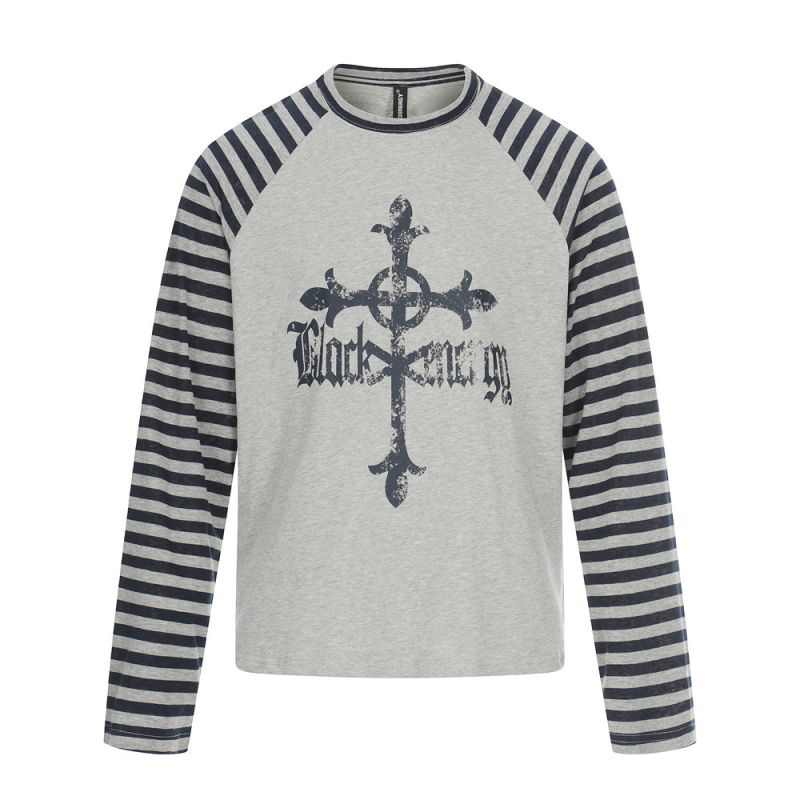 Ανδρικό μακρυμάνικο T‑shirt με σχέδιο σταυρός, σκούρο street style, ριγέ με χρωματικό block, ράγκλαν μανίκια, στρογγυλό λαιμό, άνοιξη–φθινόπωρο