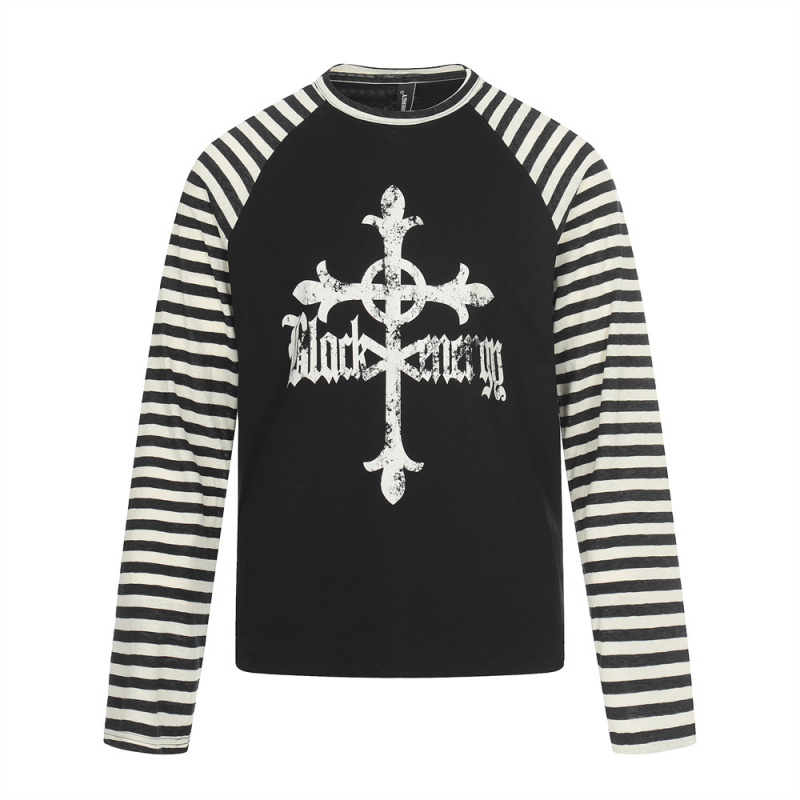 Ανδρικό μακρυμάνικο T‑shirt με σχέδιο σταυρός, σκούρο street style, ριγέ με χρωματικό block, ράγκλαν μανίκια, στρογγυλό λαιμό, άνοιξη–φθινόπωρο