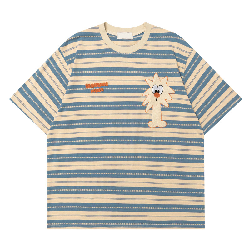 Μπλούζα T‑shirt με ρίγες, κοντό μανίκι, σε vintage αμερικάνικο στυλ για άνδρες, βαμβακερή μίξη