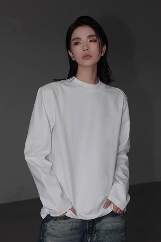 Μακρυμάνικη βαμβακερή T‑shirt για άνοιξη-φθινόπωρο, μονόχρωμη, στρογγυλός λαιμός, χαλαρή γραμμή, 180–250 g