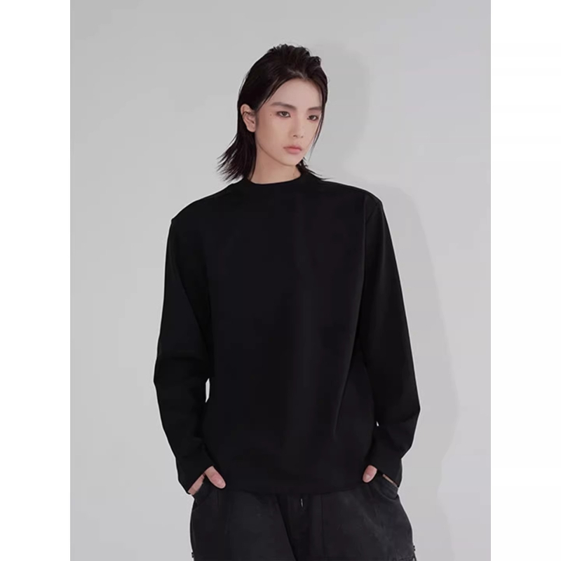 Μακρυμάνικη βαμβακερή T‑shirt για άνοιξη-φθινόπωρο, μονόχρωμη, στρογγυλός λαιμός, χαλαρή γραμμή, 180–250 g