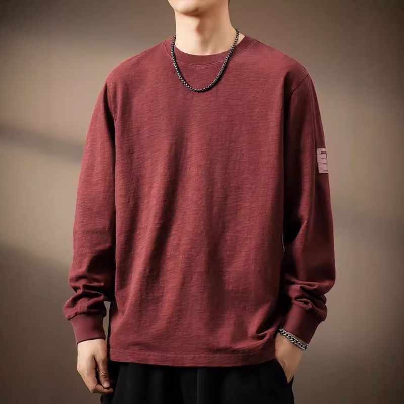 Muška dugačka majica od 100% pamuka s retro teksturom i slub uzorkom, okrugli izrez, slobodan kroj, casual