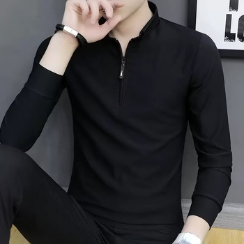 Ανδρικό T‑shirt με μακρύ μανίκι, γιακά‑στάση και μισό φερμουάρ, μονόχρωμο, καθημερινό στυλ