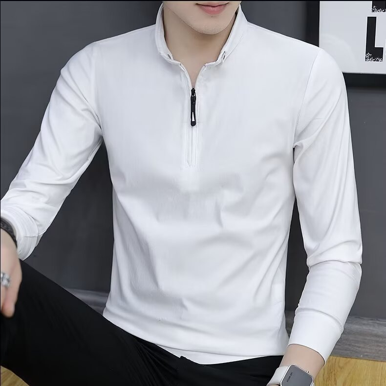 Ανδρικό T‑shirt με μακρύ μανίκι, γιακά‑στάση και μισό φερμουάρ, μονόχρωμο, καθημερινό στυλ