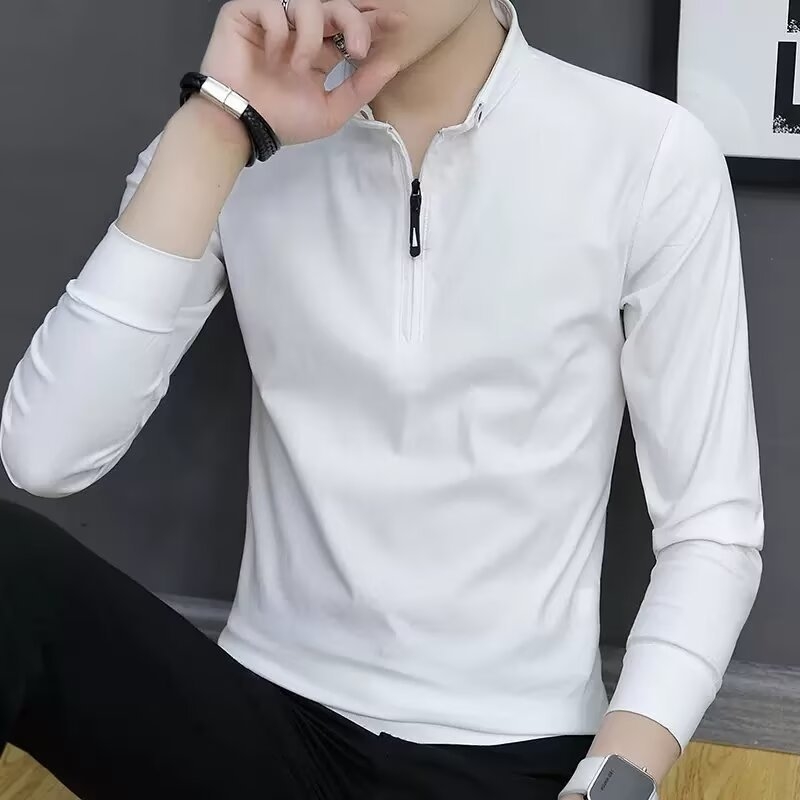 Ανδρικό T‑shirt με μακρύ μανίκι, γιακά‑στάση και μισό φερμουάρ, μονόχρωμο, καθημερινό στυλ