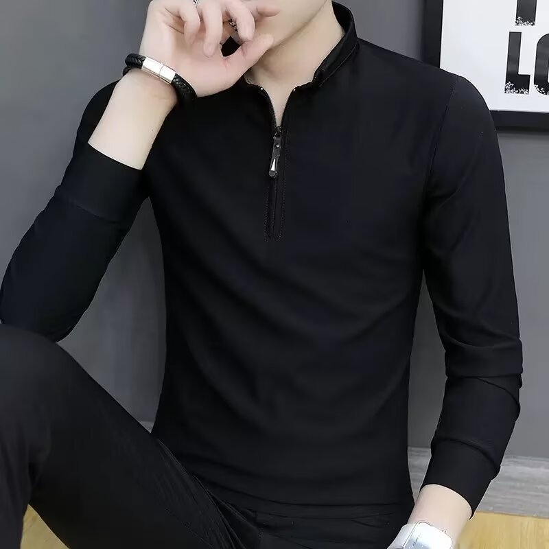 Ανδρικό T‑shirt με μακρύ μανίκι, γιακά‑στάση και μισό φερμουάρ, μονόχρωμο, καθημερινό στυλ