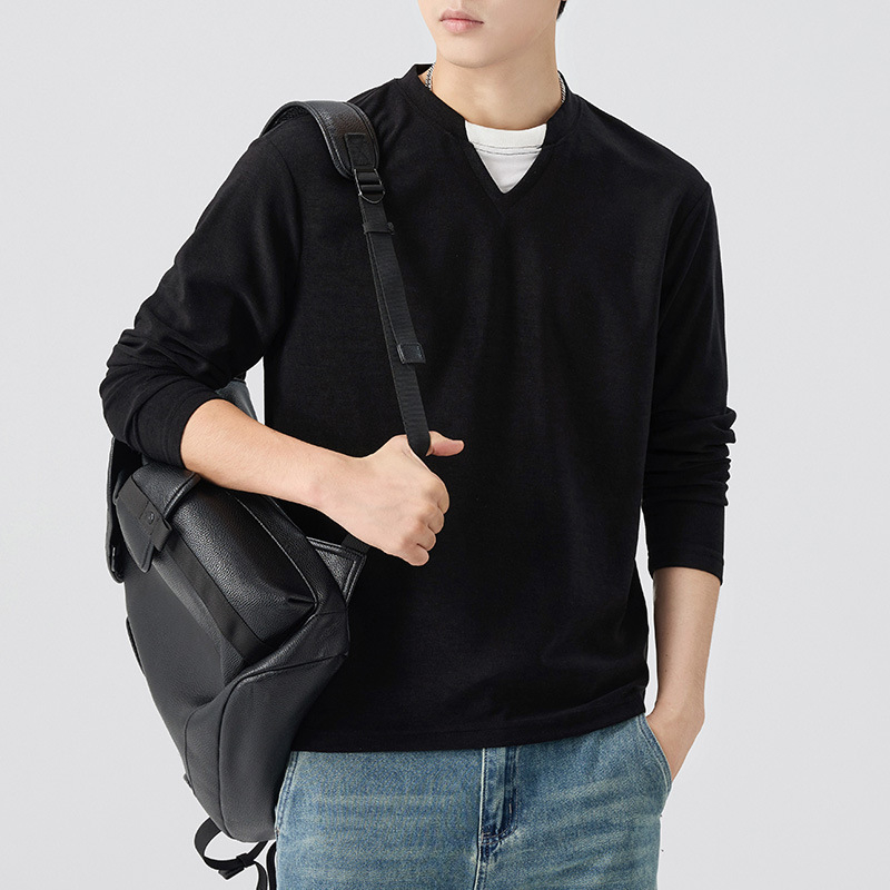 Ανδρικό μακρυμάνικο T‑shirt από Lyocell, φθινοπωρινό casual, φαρδιά γραμμή, στρογγυλός λαιμός, μονόχρωμο, σχέδιο κολάζ
